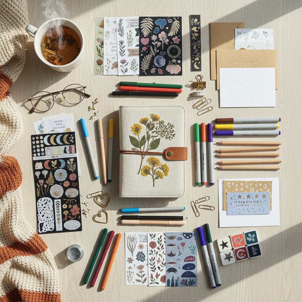 Homemade journal bundle with pens, pencils, markers, stickers, and stationery