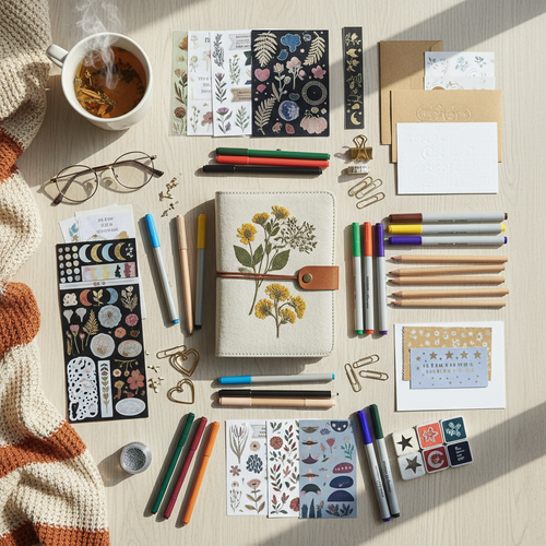 Homemade journal bundle with pens, pencils, markers, stickers, and stationery